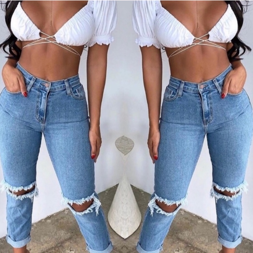 . OOTDFASH Steven High Waist Distressed Denim Jeans - Picture 2 of 16